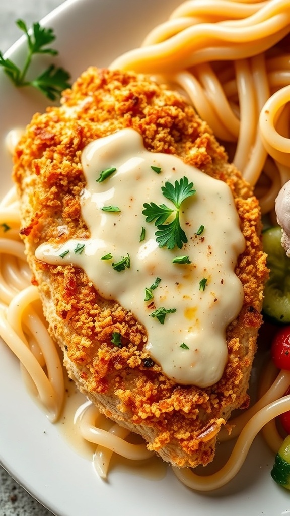 Parmesan crusted chicken with creamy garlic sauce, garnished with parsley, served with pasta and vegetables.